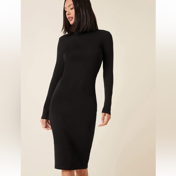 New High Neck Solid Bodycon Dress Black Long Sleeve Below Knee Midi CottonPencil - Picture 6 of 13